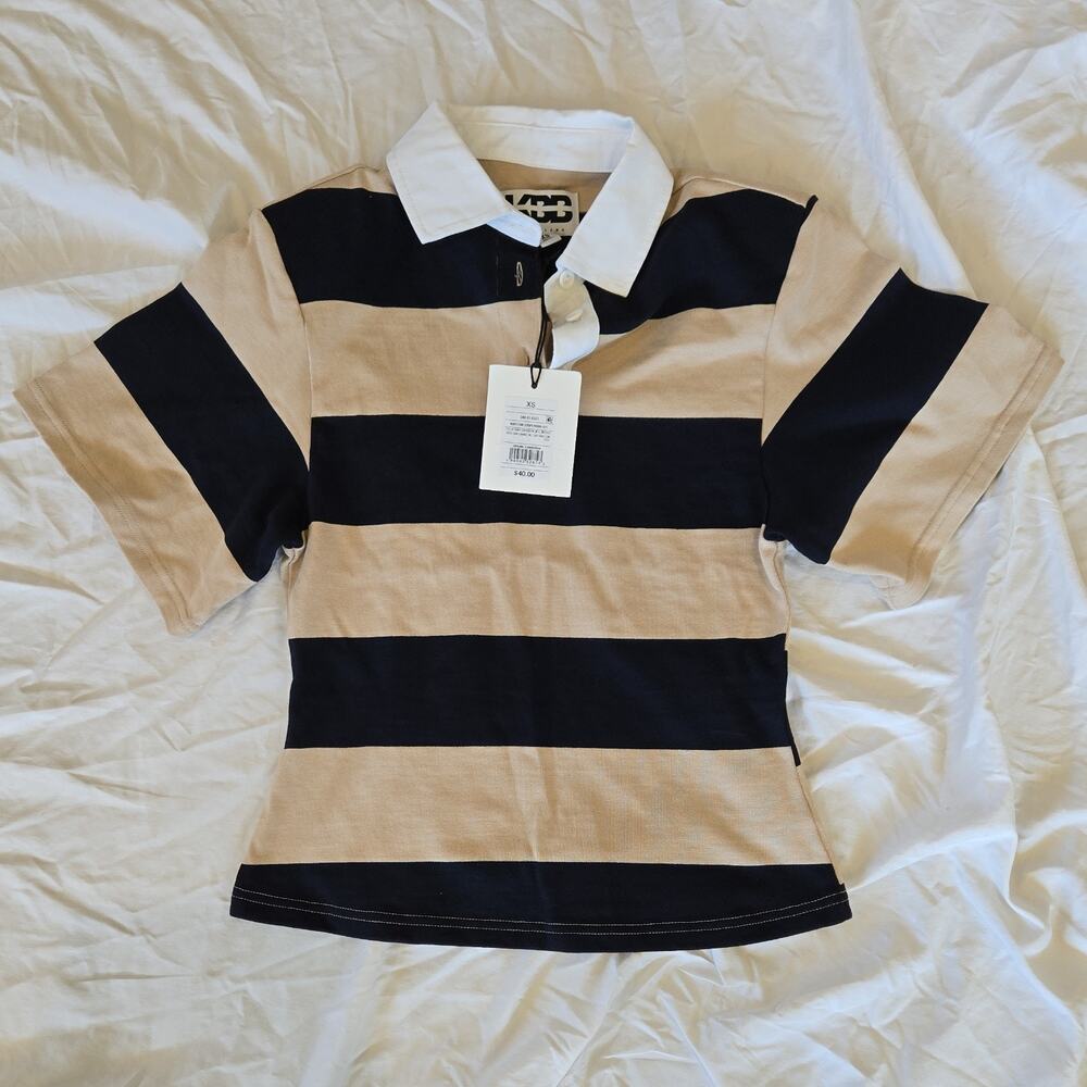 KBB Women's Navy Tan White Striped Collared Cotton Knit Polo Shirt XS